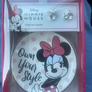 Disney Minnie Mouse Crystal Stud Earrings Sterling Silver & Trinket Dish